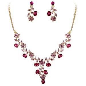 Yellow Gold & Pink Sapphire Austrian Crystal Flower Leaf Necklace & Earrings Set